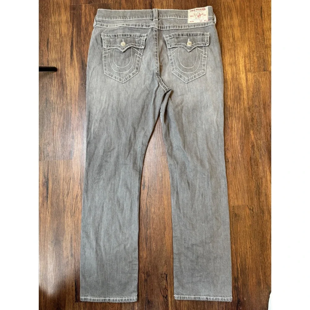 Y2K True Religion Ricky Relaxed Straight Gray Jeans White Contrast Stitch Sz 36